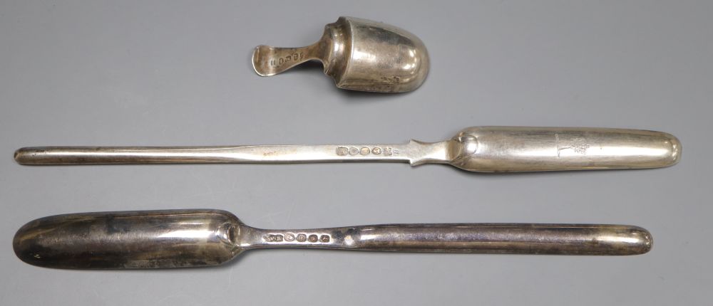 A George III silver marrow scoop, William Bateman I, London 1818, a George IV scoop, London 1824 and a George III silver caddy spoon